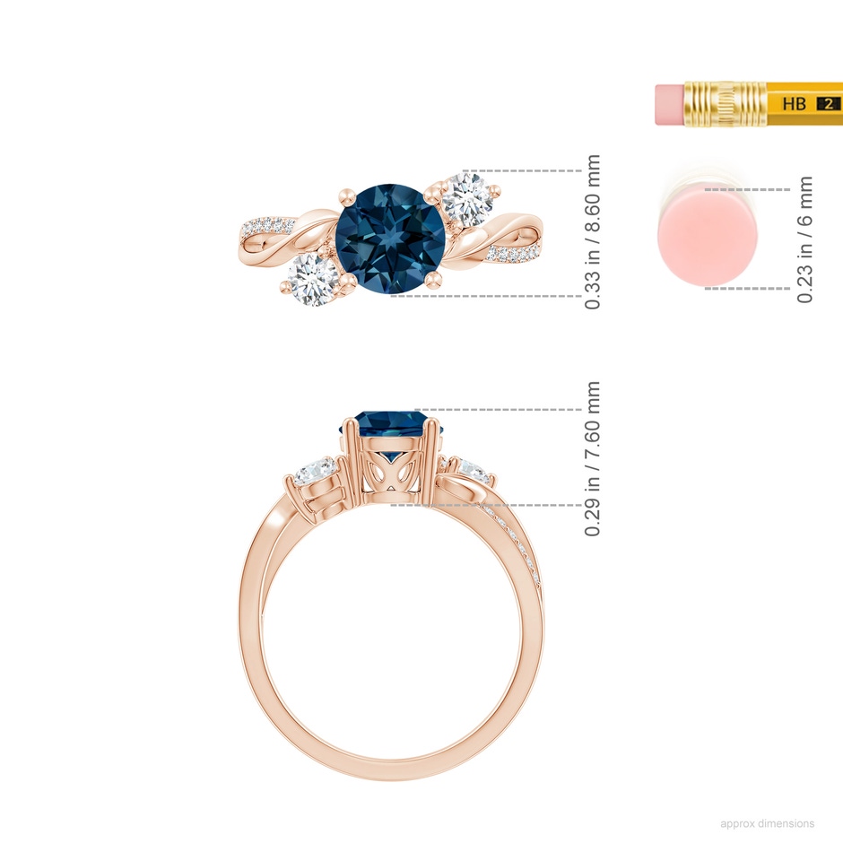 7mm AAAA London Blue Topaz and Diamond Twisted Vine Ring in Rose Gold ruler