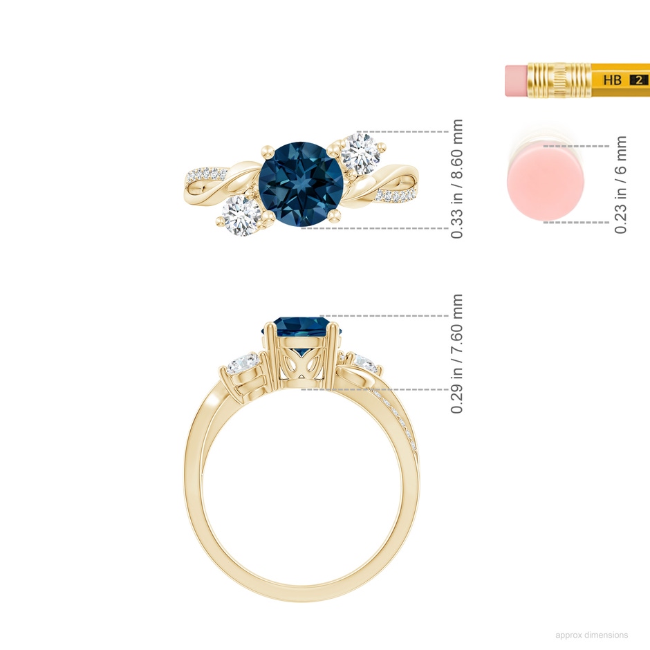 7mm AAAA London Blue Topaz and Diamond Twisted Vine Ring in Yellow Gold ruler