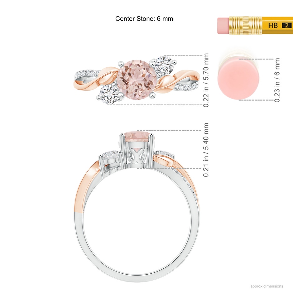 6mm AAA Morganite and Diamond Twisted Vine Ring in 10K White Gold 10K Rose Gold ruler