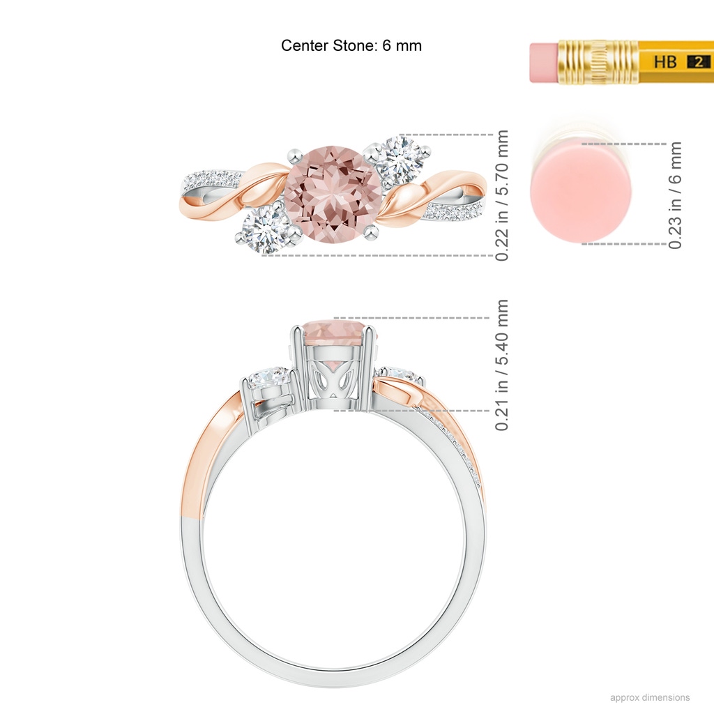 6mm AAAA Morganite and Diamond Twisted Vine Ring in White Gold Rose Gold Ruler