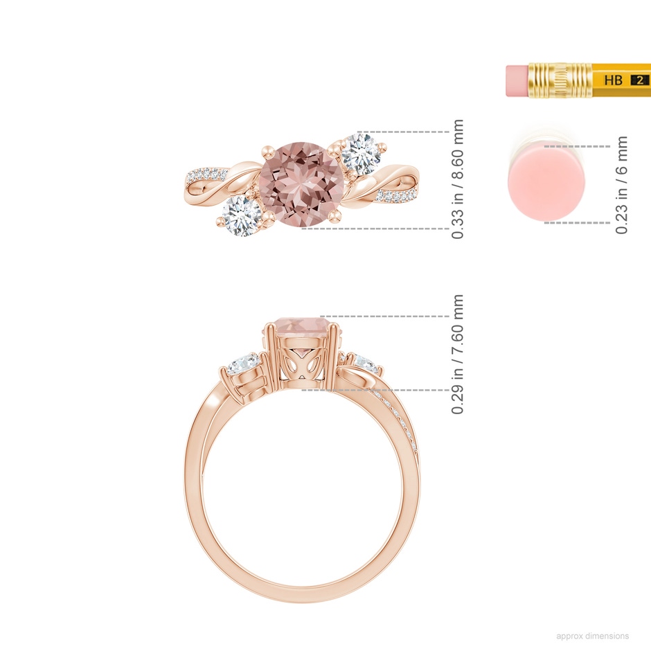 7mm AAAA Morganite and Diamond Twisted Vine Ring in 18K Rose Gold ruler