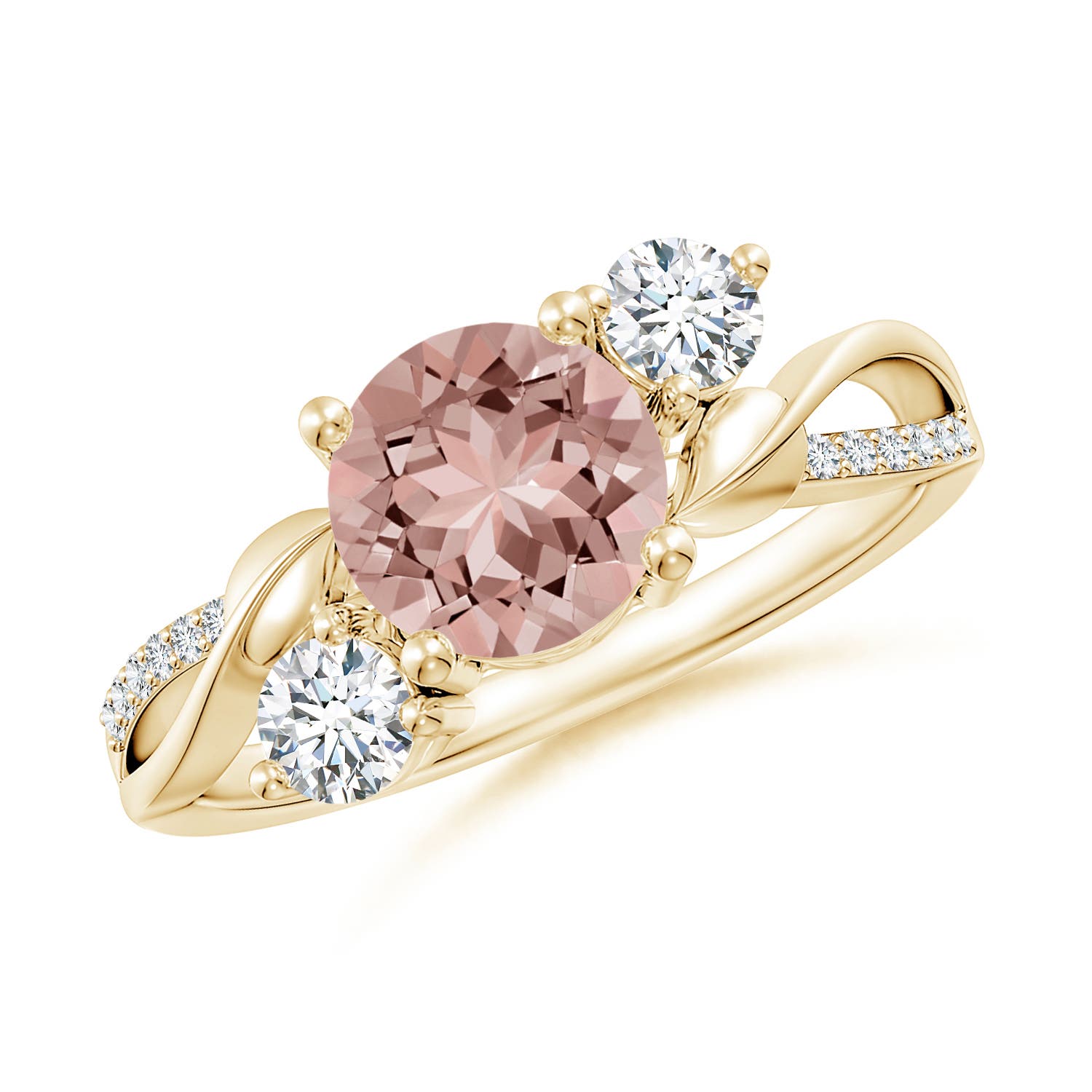 7mm AAAA Morganite and Diamond Twisted Vine Ring in 18CT Yellow Gold