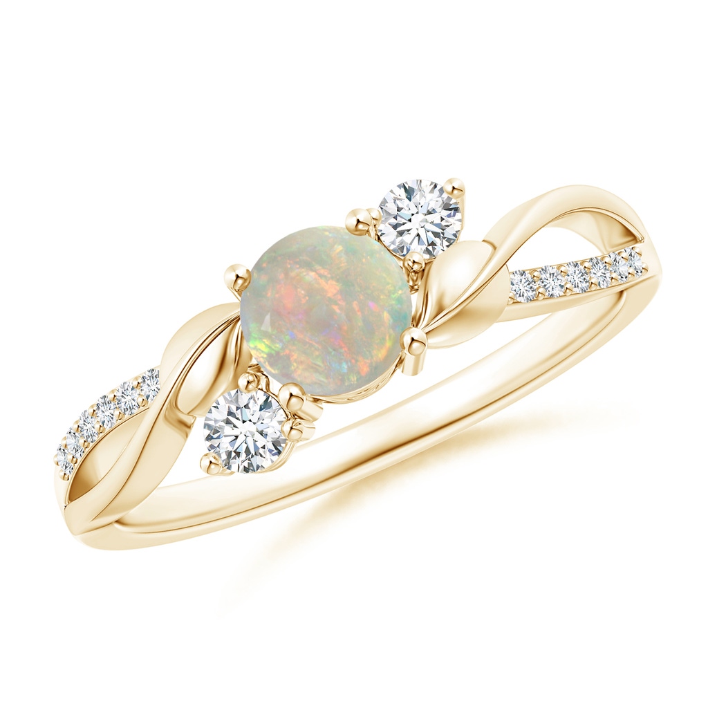 5mm AAAA Opal and Diamond Twisted Vine Ring in Yellow Gold