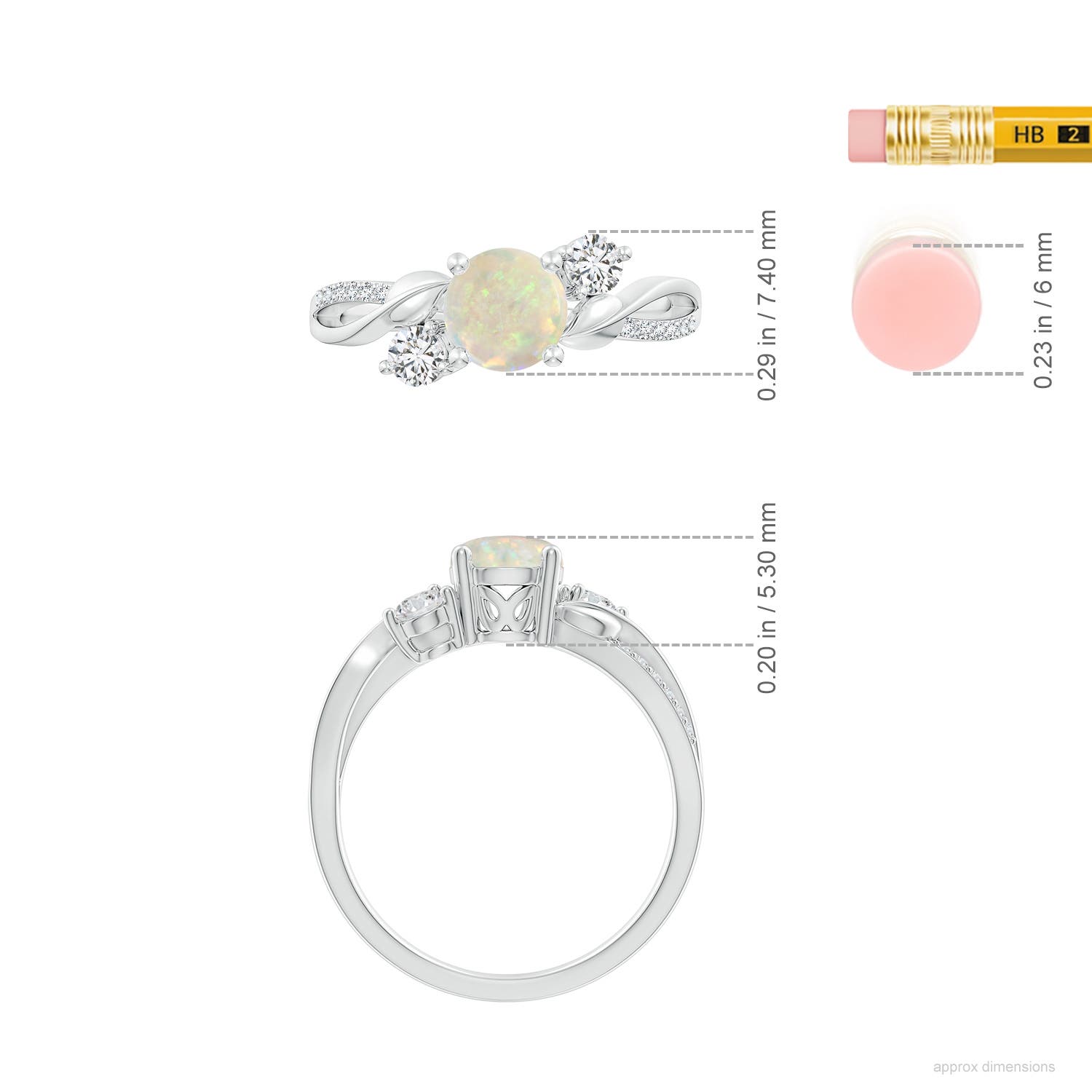6mm AAA Opal and Diamond Twisted Vine Ring in White Gold - ruler