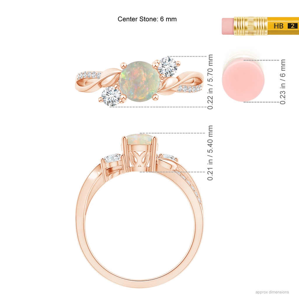 6mm AAAA Opal and Diamond Twisted Vine Ring in Rose Gold Ruler