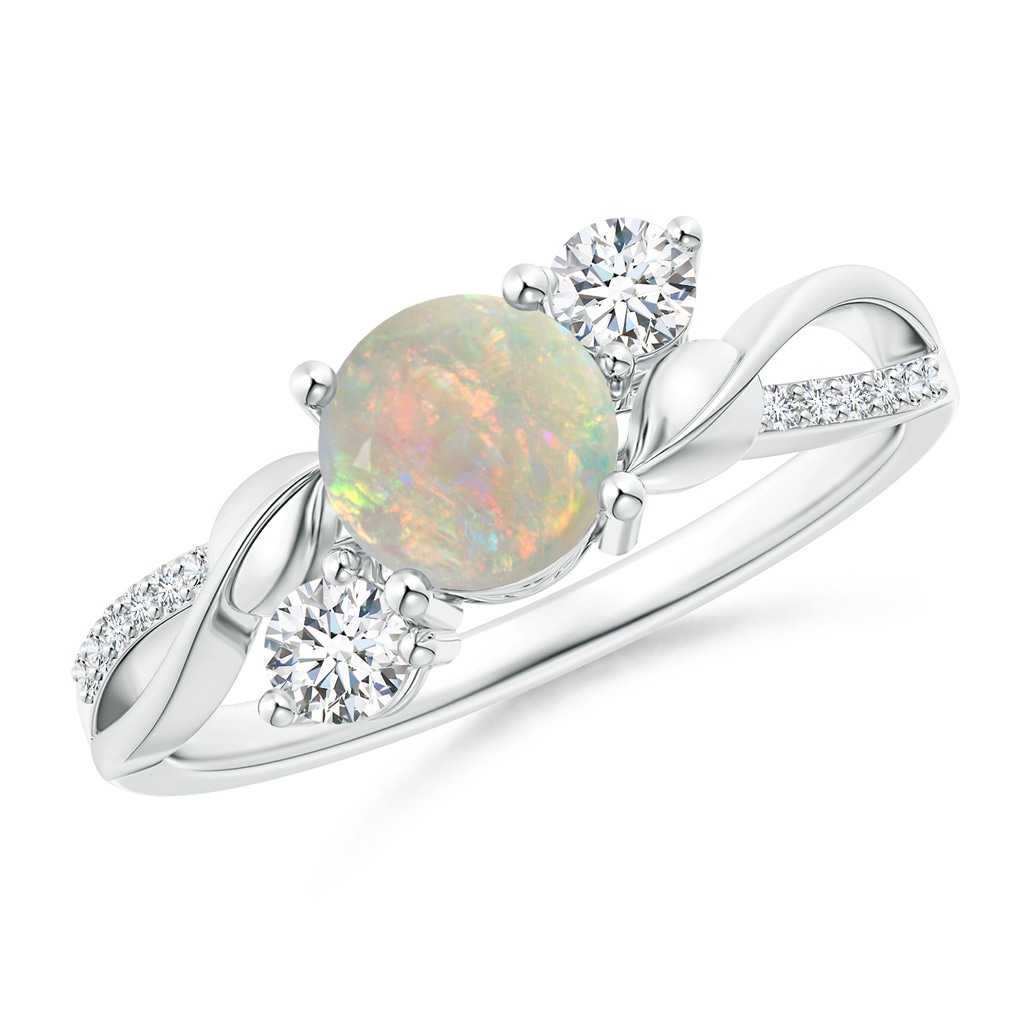 6mm AAAA Opal and Diamond Twisted Vine Ring in White Gold
