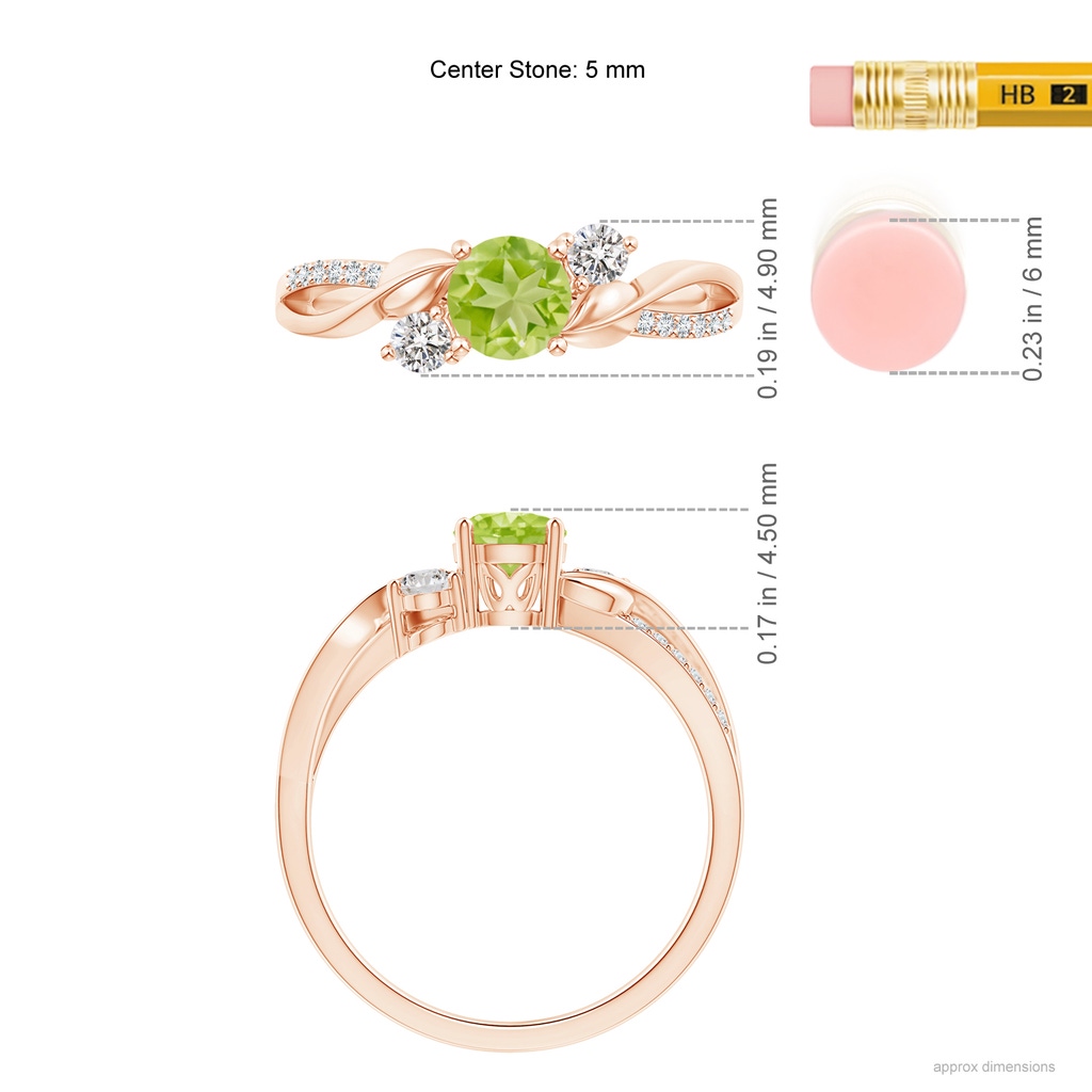 5mm AA Peridot and Diamond Twisted Vine Ring in Rose Gold Ruler