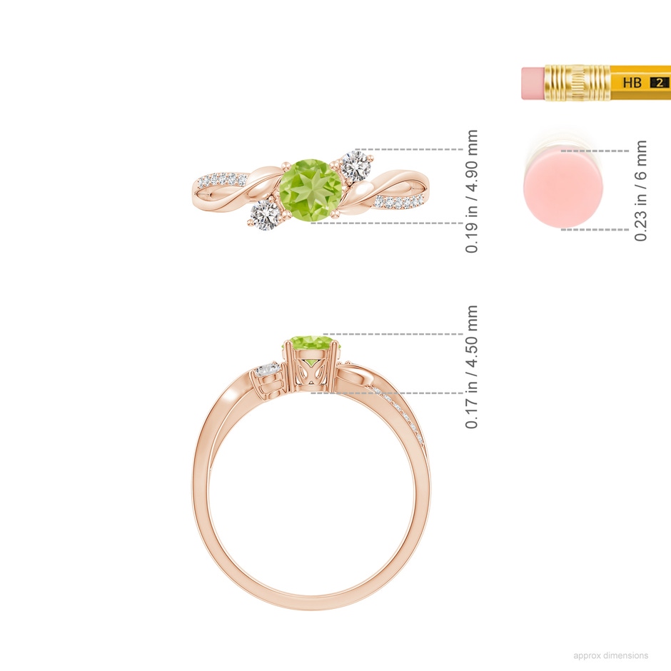 5mm AA Peridot and Diamond Twisted Vine Ring in Rose Gold ruler