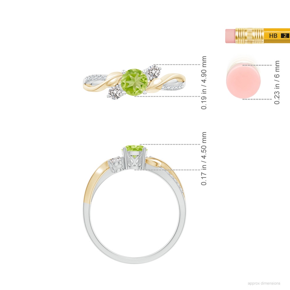 5mm AA Peridot and Diamond Twisted Vine Ring in White Gold Yellow Gold ruler