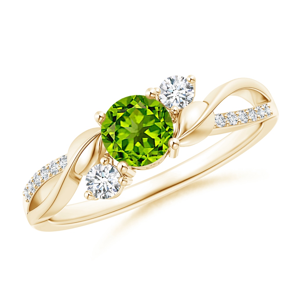 5mm AAAA Peridot and Diamond Twisted Vine Ring in Yellow Gold