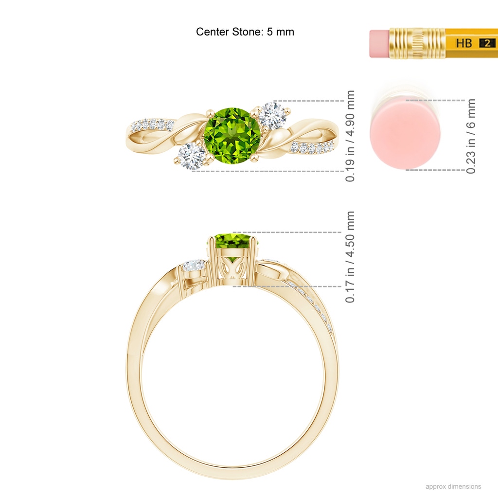 5mm AAAA Peridot and Diamond Twisted Vine Ring in Yellow Gold Ruler