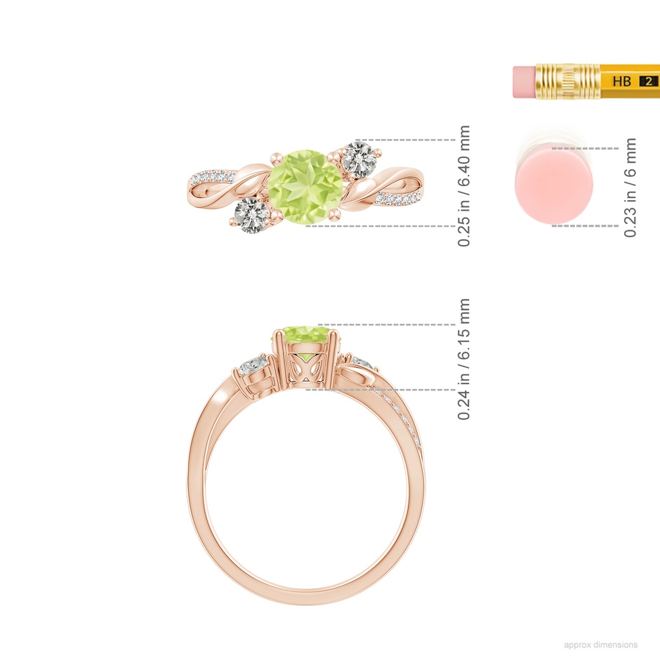 6mm A Peridot and Diamond Twisted Vine Ring in Rose Gold ruler