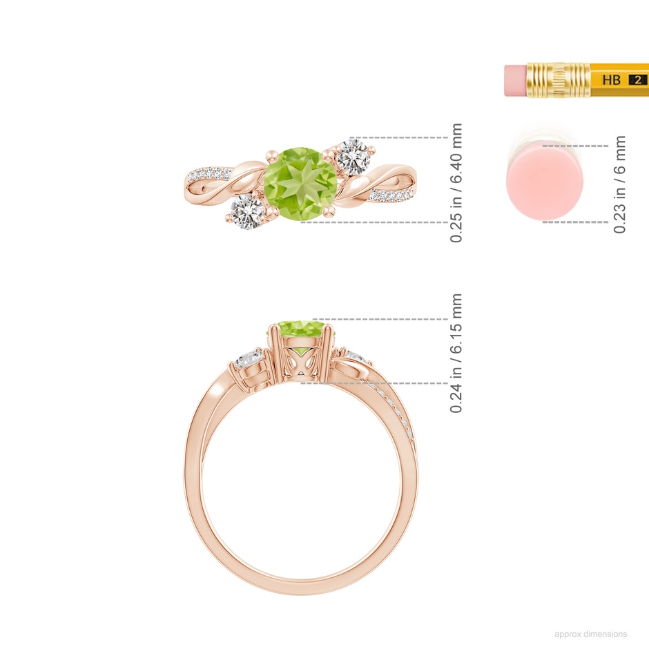 6mm AA Peridot and Diamond Twisted Vine Ring in Rose Gold ruler