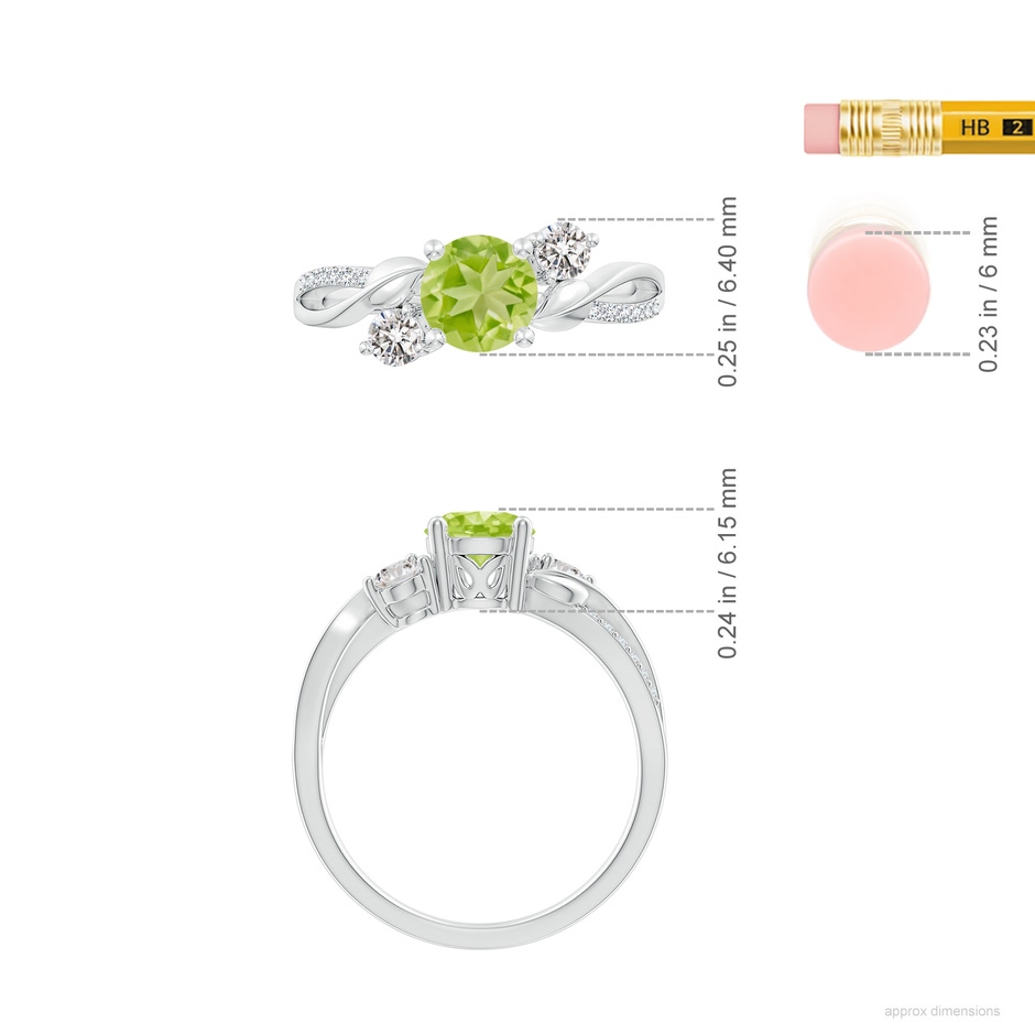 6mm AA Peridot and Diamond Twisted Vine Ring in White Gold ruler