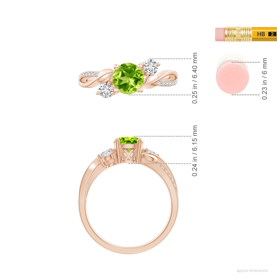 6mm AAA Peridot and Diamond Twisted Vine Ring in Rose Gold ruler