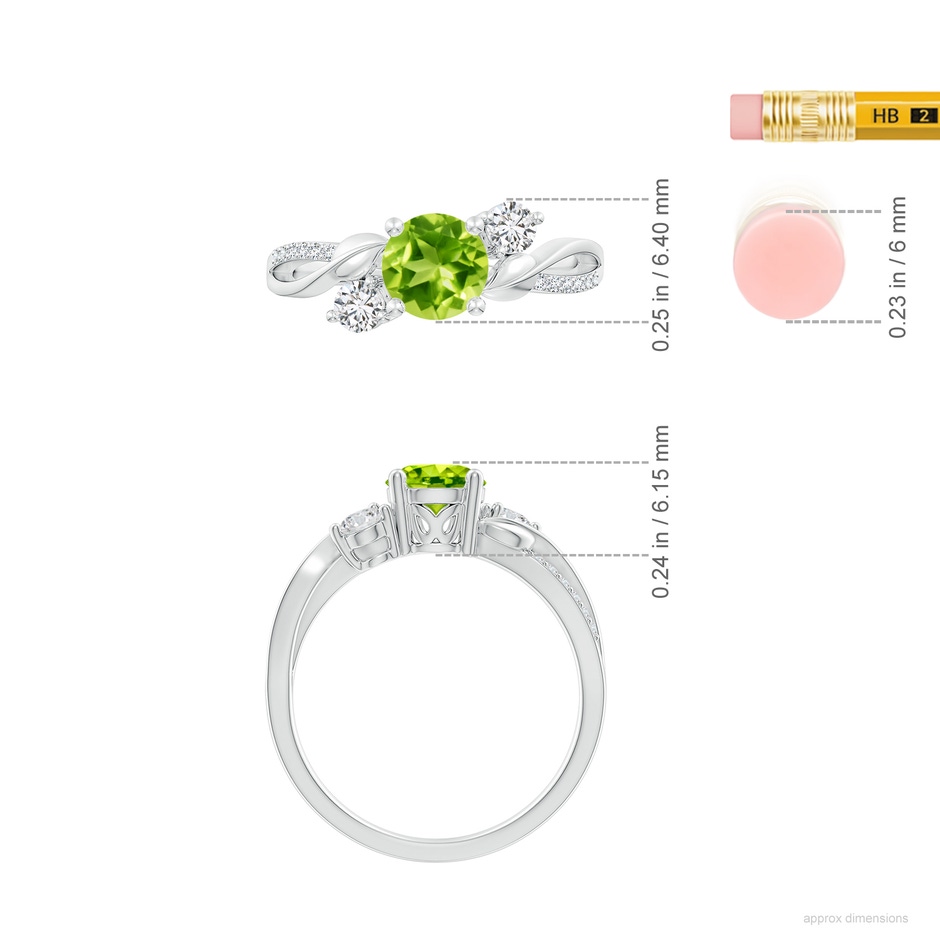 6mm AAA Peridot and Diamond Twisted Vine Ring in White Gold ruler