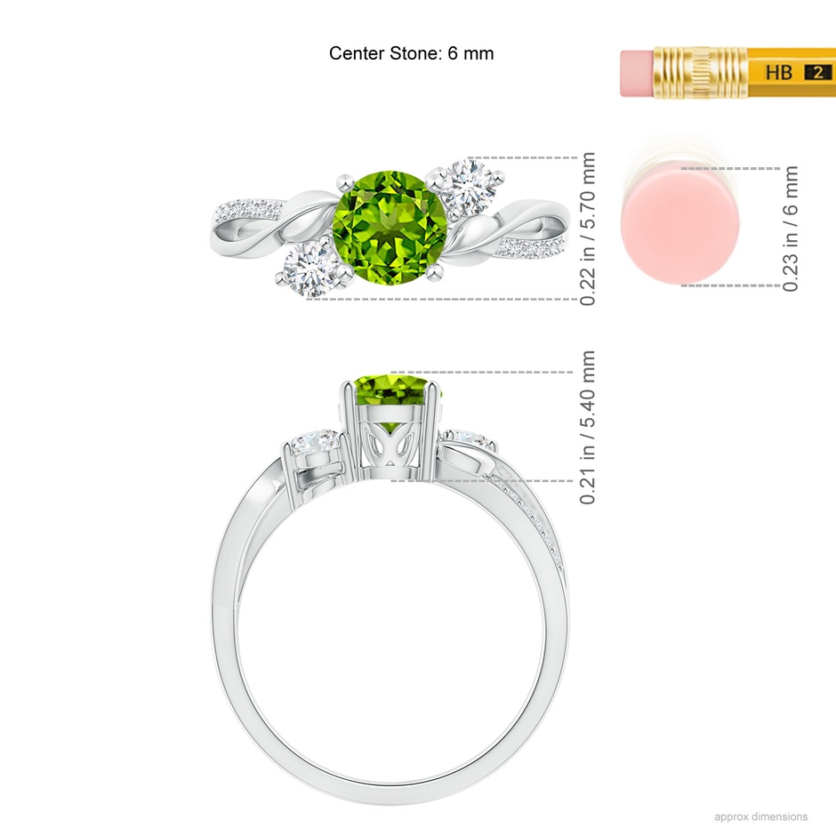 6mm AAAA Peridot and Diamond Twisted Vine Ring in White Gold ruler
