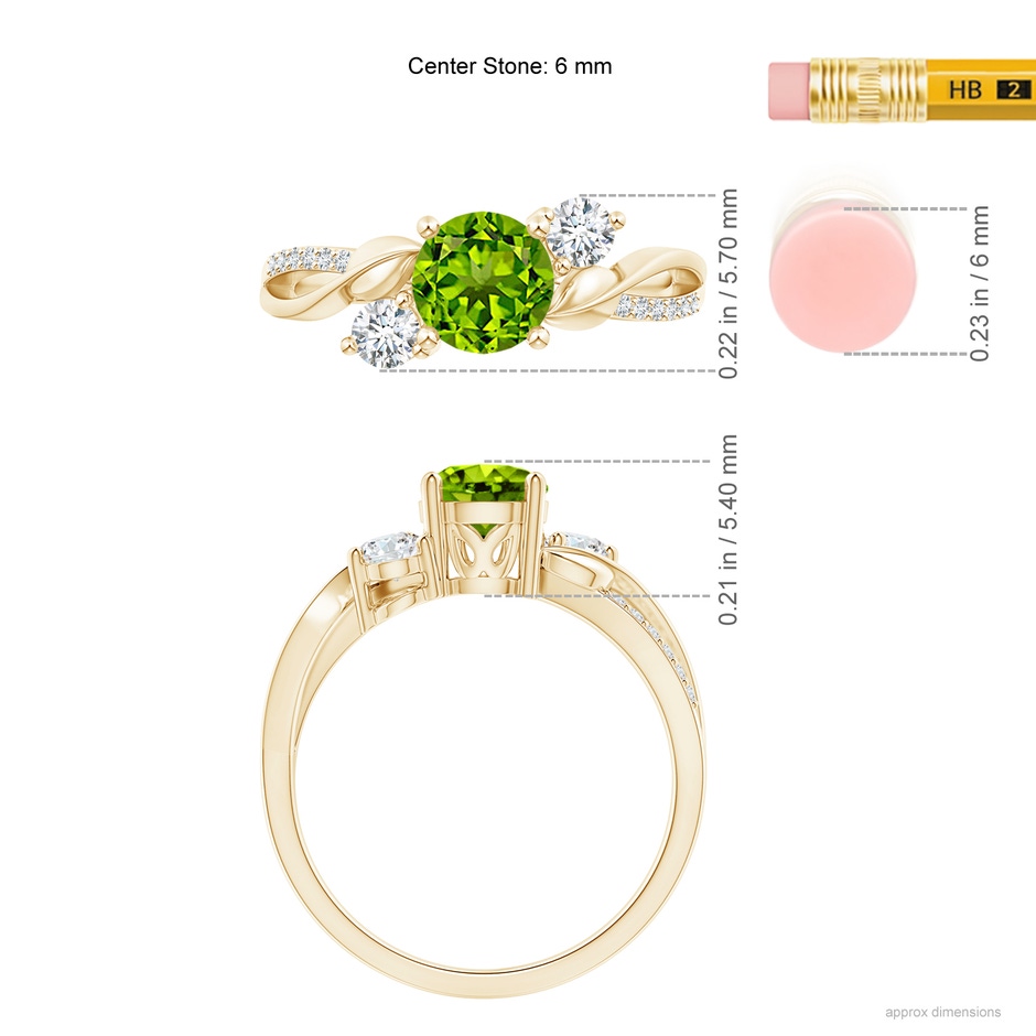 6mm AAAA Peridot and Diamond Twisted Vine Ring in Yellow Gold ruler