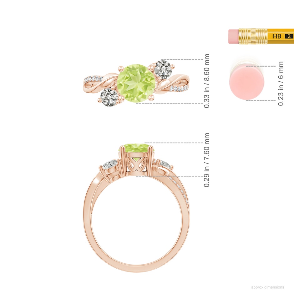 7mm A Peridot and Diamond Twisted Vine Ring in Rose Gold ruler