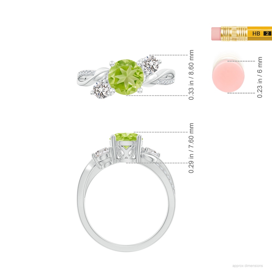 7mm AA Peridot and Diamond Twisted Vine Ring in White Gold ruler