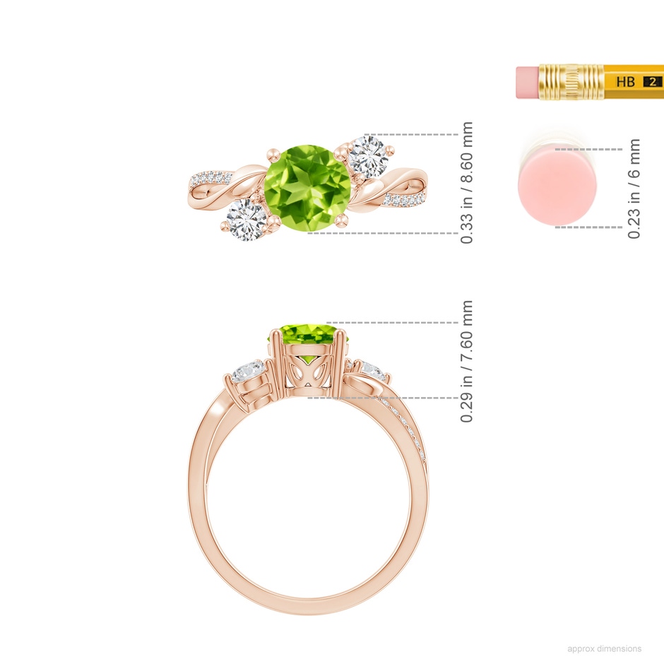 7mm AAA Peridot and Diamond Twisted Vine Ring in Rose Gold ruler