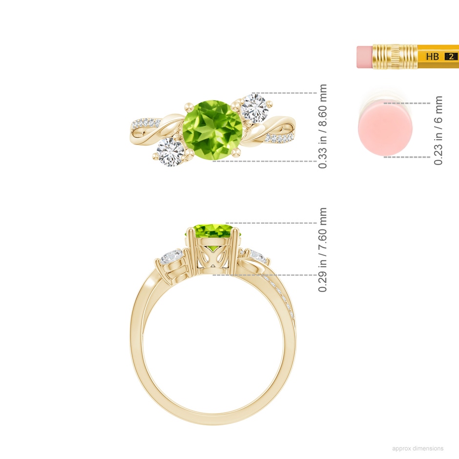 7mm AAA Peridot and Diamond Twisted Vine Ring in Yellow Gold ruler