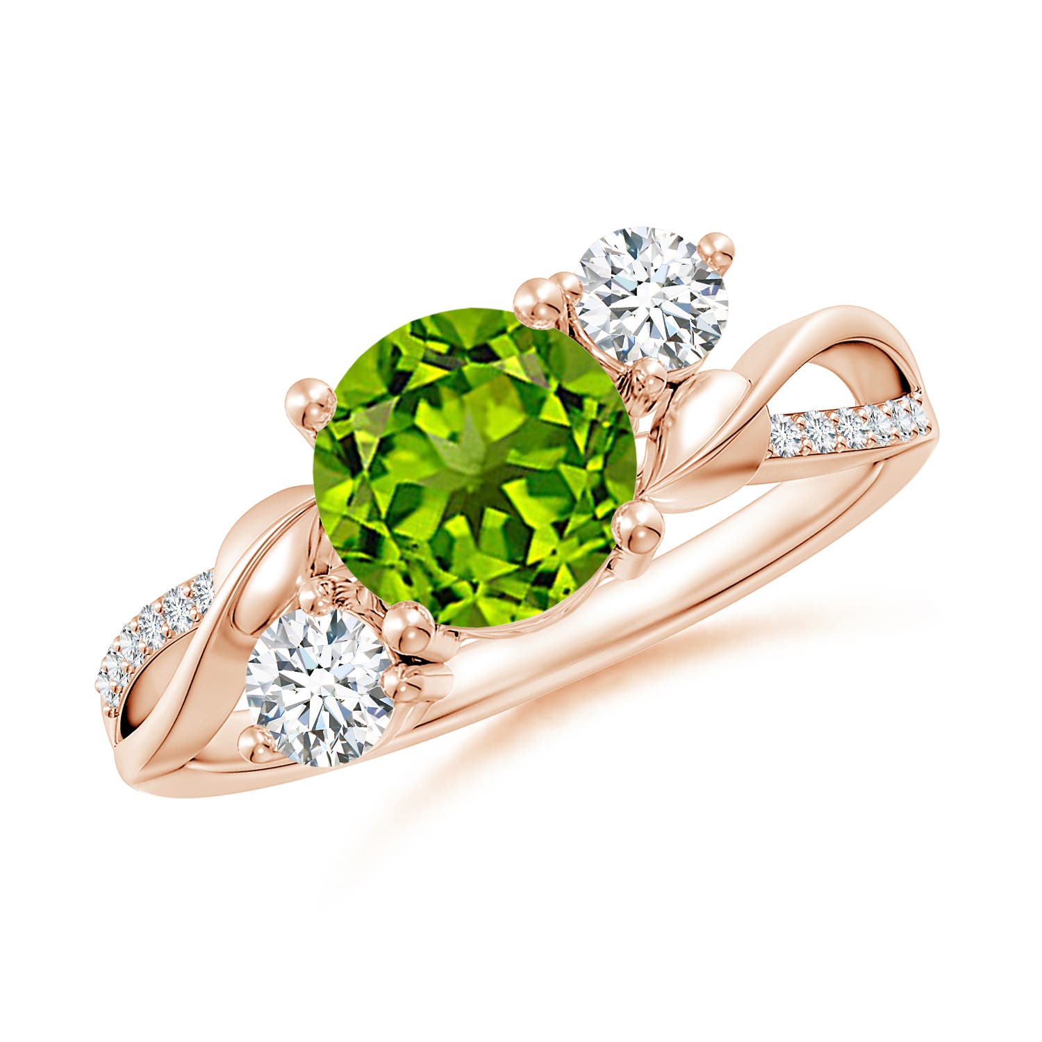 7mm AAAA Peridot and Diamond Twisted Vine Ring in 18K Rose Gold