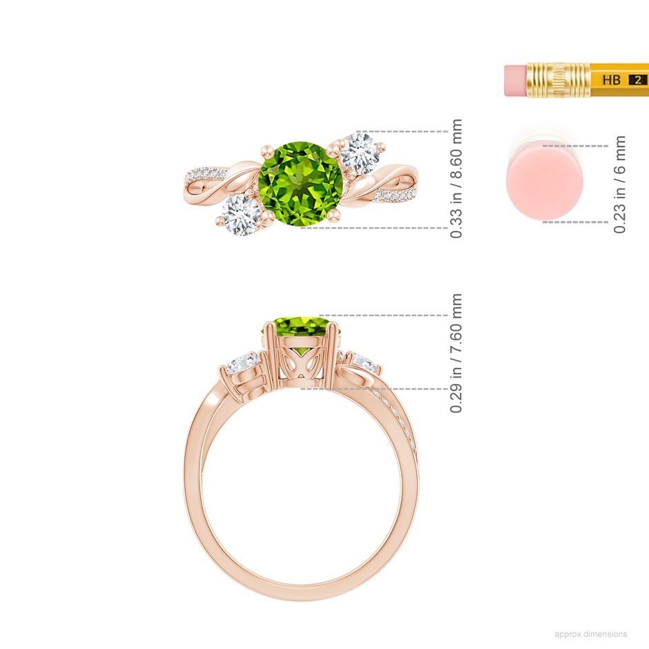 7mm AAAA Peridot and Diamond Twisted Vine Ring in Rose Gold ruler