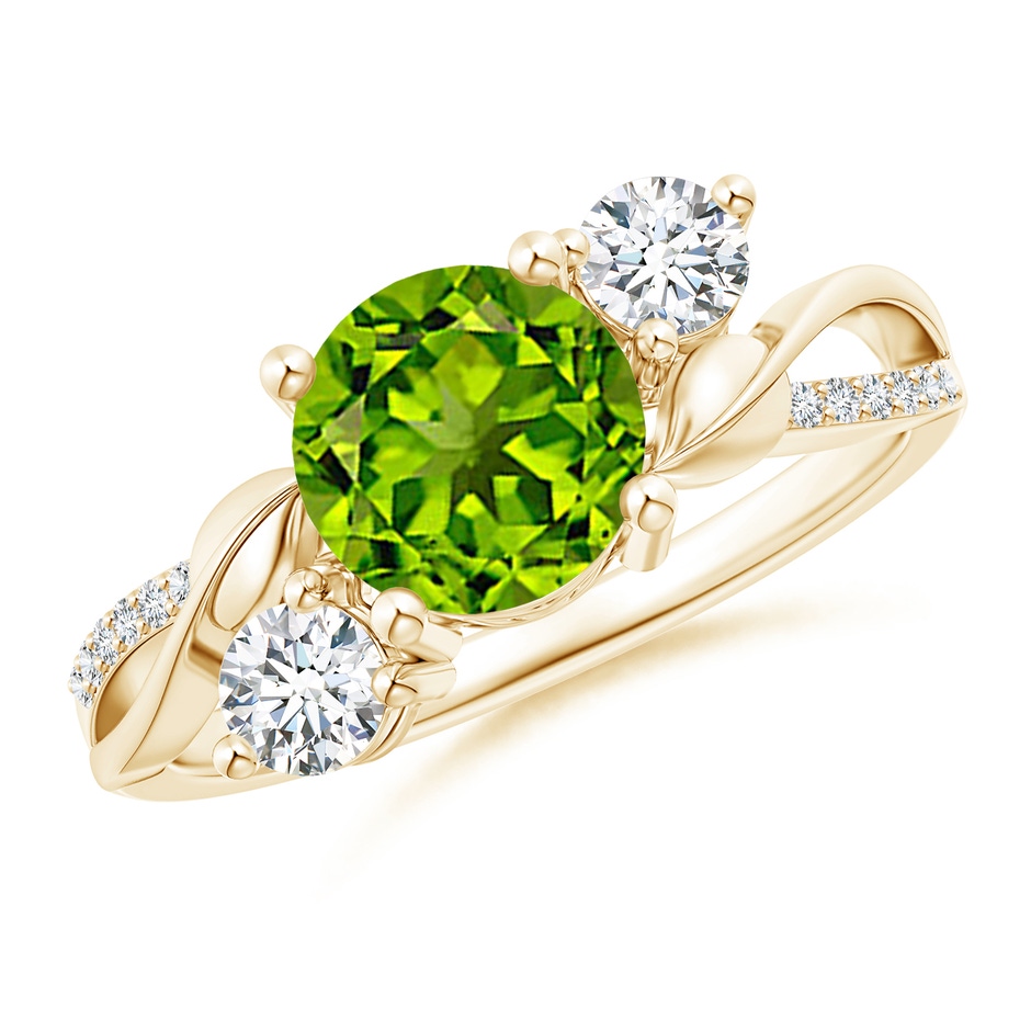 7mm AAAA Peridot and Diamond Twisted Vine Ring in Yellow Gold 