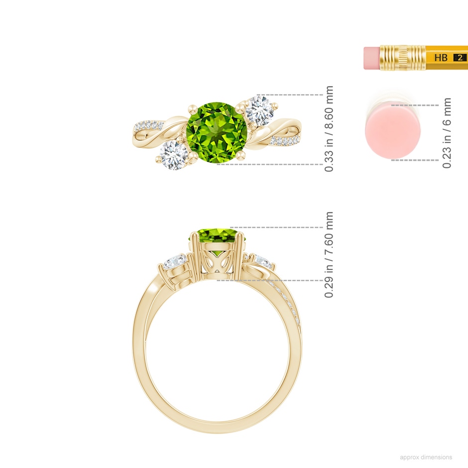 7mm AAAA Peridot and Diamond Twisted Vine Ring in Yellow Gold ruler
