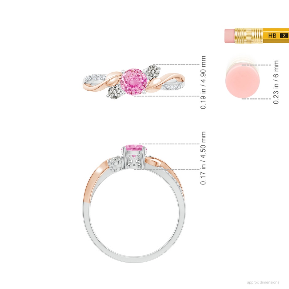 5mm A Pink Sapphire and Diamond Twisted Vine Ring in White Gold Rose Gold ruler