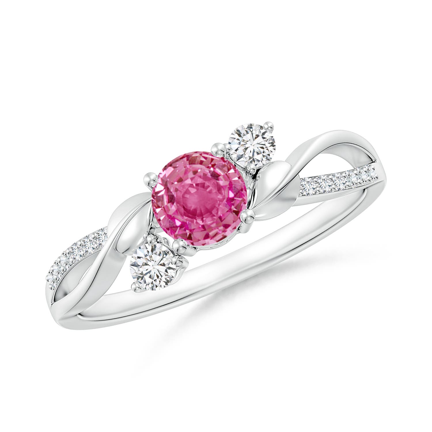 5mm AAA Pink Sapphire and Diamond Twisted Vine Ring in 18K White Gold