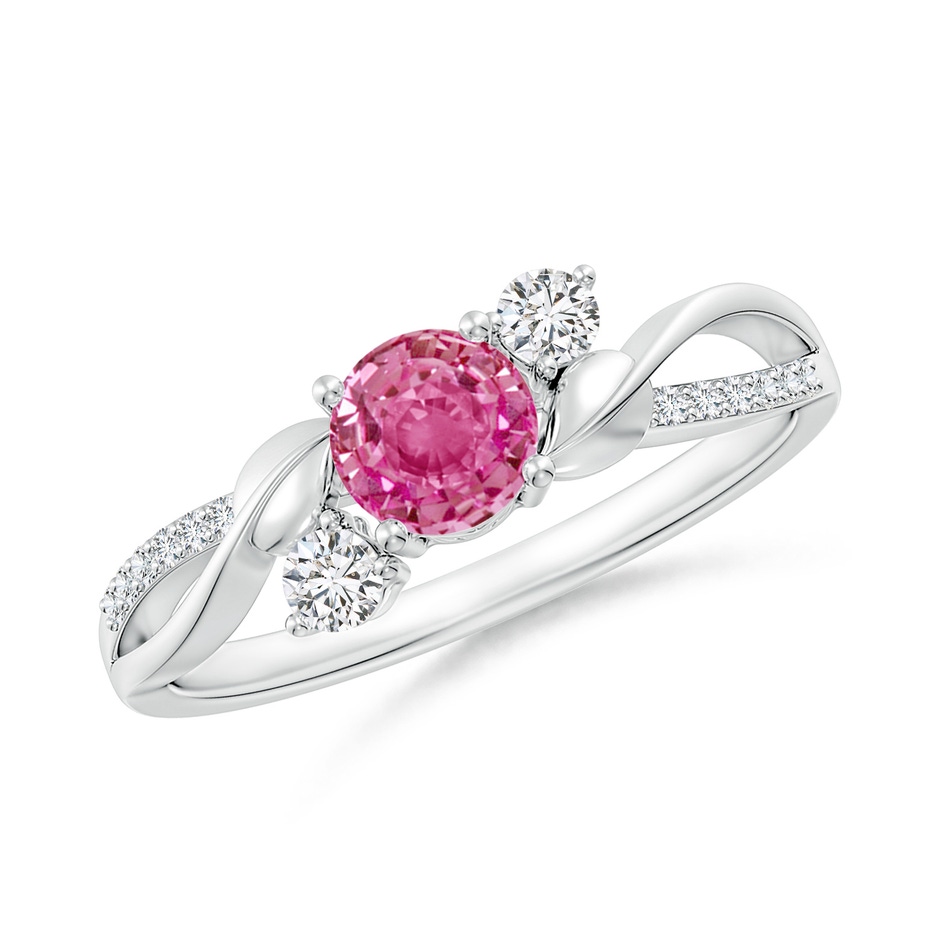 5mm AAA Pink Sapphire and Diamond Twisted Vine Ring in 18K White Gold 