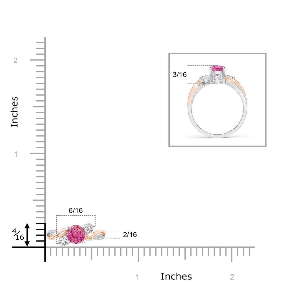 5mm AAA Pink Sapphire and Diamond Twisted Vine Ring in White Gold Rose Gold Ruler