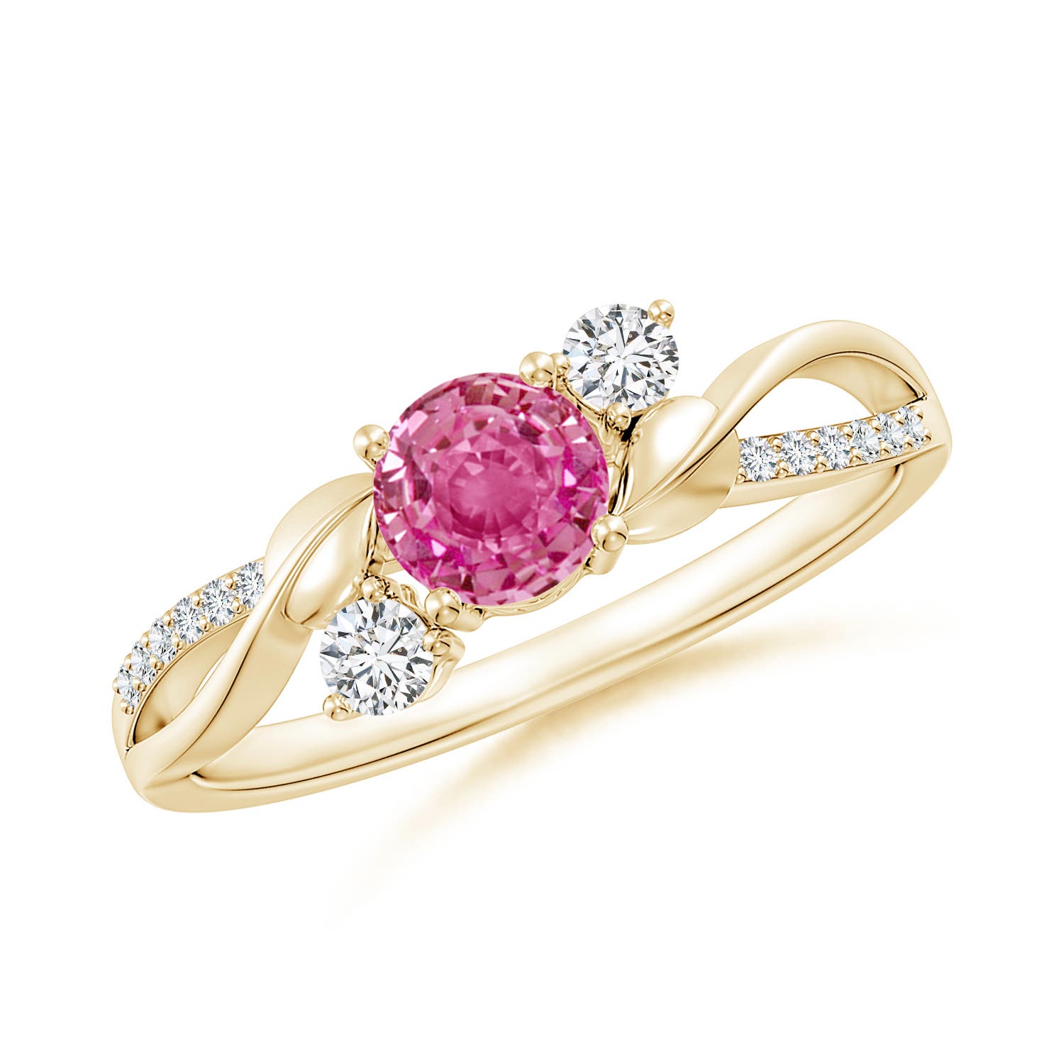 5mm AAA Pink Sapphire and Diamond Twisted Vine Ring in Yellow Gold