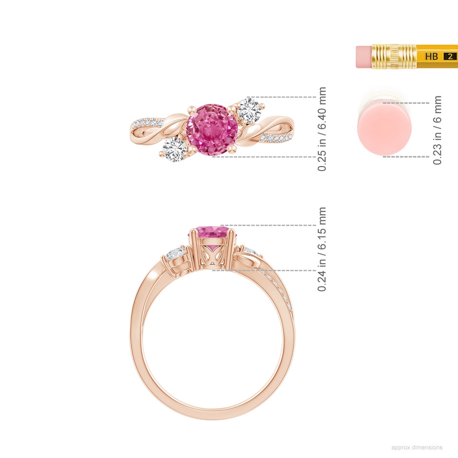 6mm AAA Pink Sapphire and Diamond Twisted Vine Ring in Rose Gold ruler