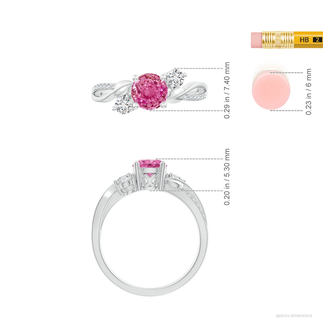 6mm AAA Pink Sapphire and Diamond Twisted Vine Ring in White Gold - ruler