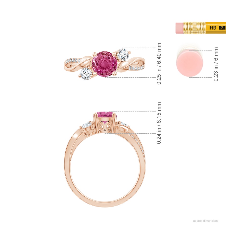 6mm AAAA Pink Sapphire and Diamond Twisted Vine Ring in 18K Rose Gold ruler