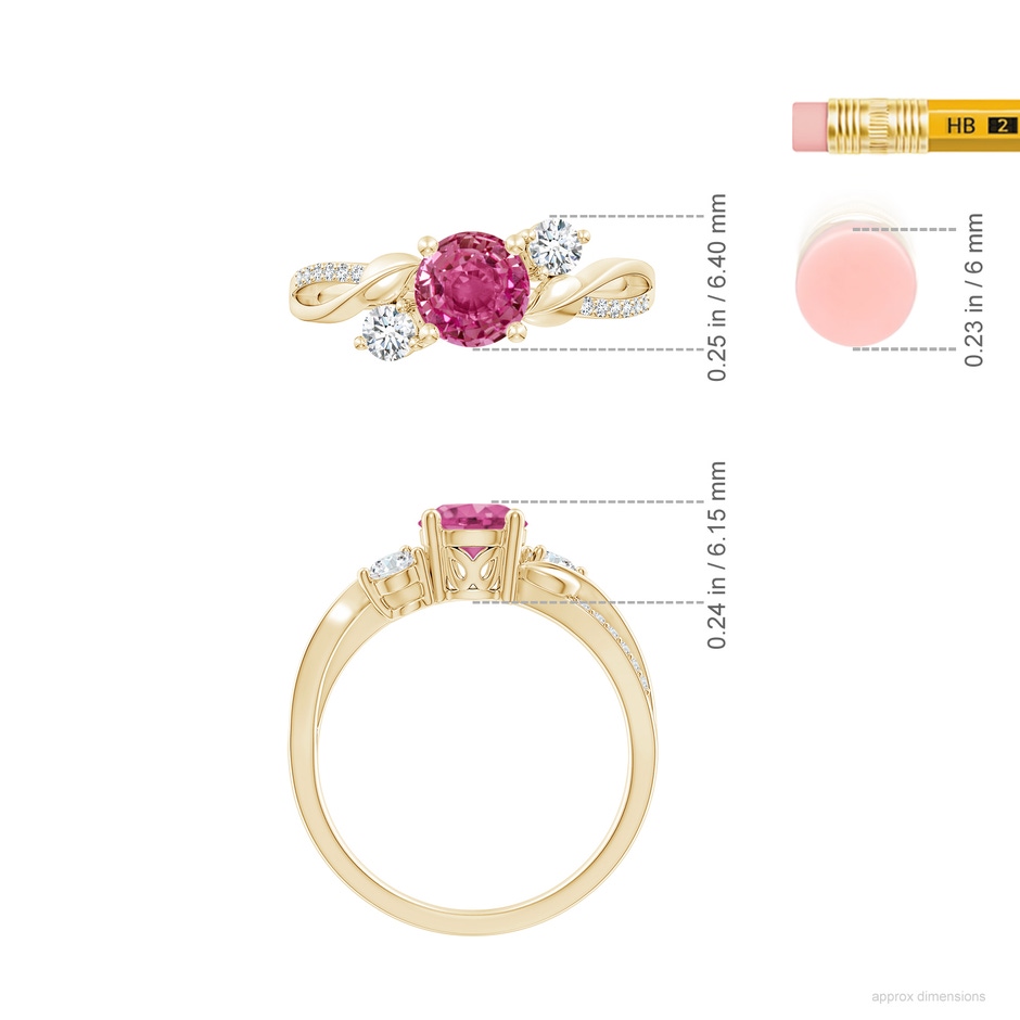 6mm AAAA Pink Sapphire and Diamond Twisted Vine Ring in Yellow Gold ruler
