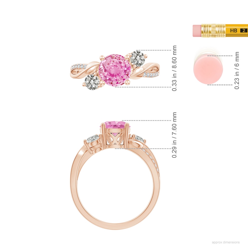 7mm A Pink Sapphire and Diamond Twisted Vine Ring in Rose Gold ruler