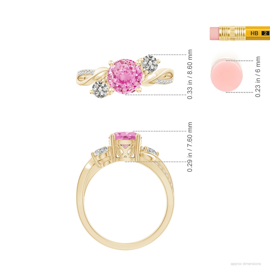 7mm A Pink Sapphire and Diamond Twisted Vine Ring in Yellow Gold ruler