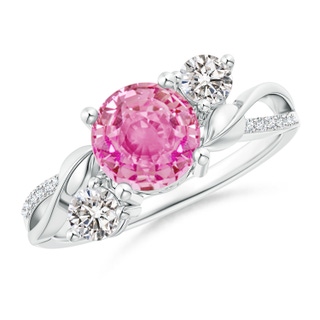 7mm AA Pink Sapphire and Diamond Twisted Vine Ring in 9K White Gold