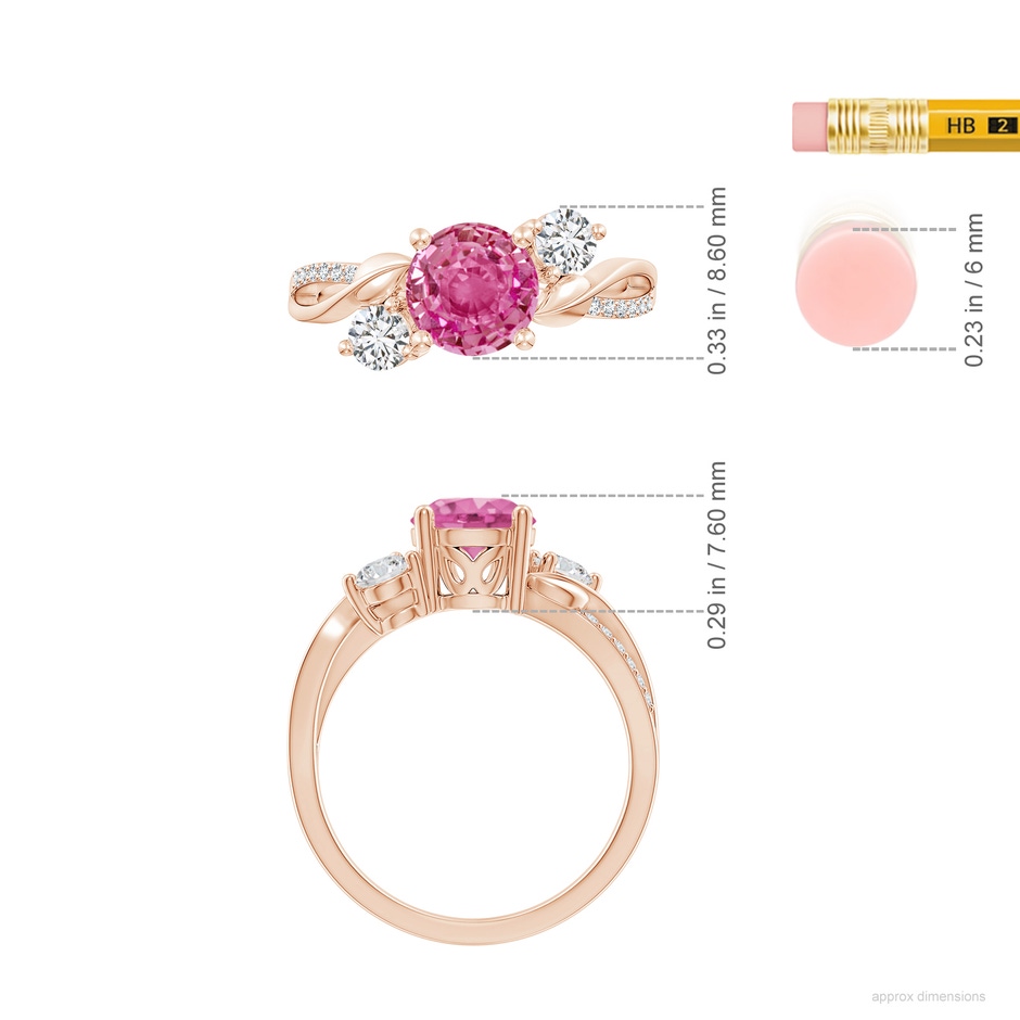 7mm AAA Pink Sapphire and Diamond Twisted Vine Ring in 18K Rose Gold ruler