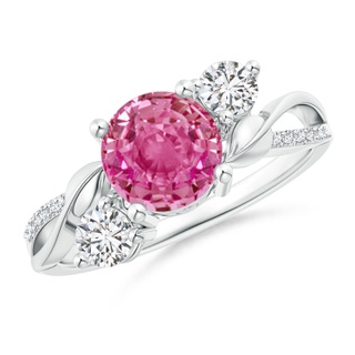 7mm AAA Pink Sapphire and Diamond Twisted Vine Ring in 9K White Gold