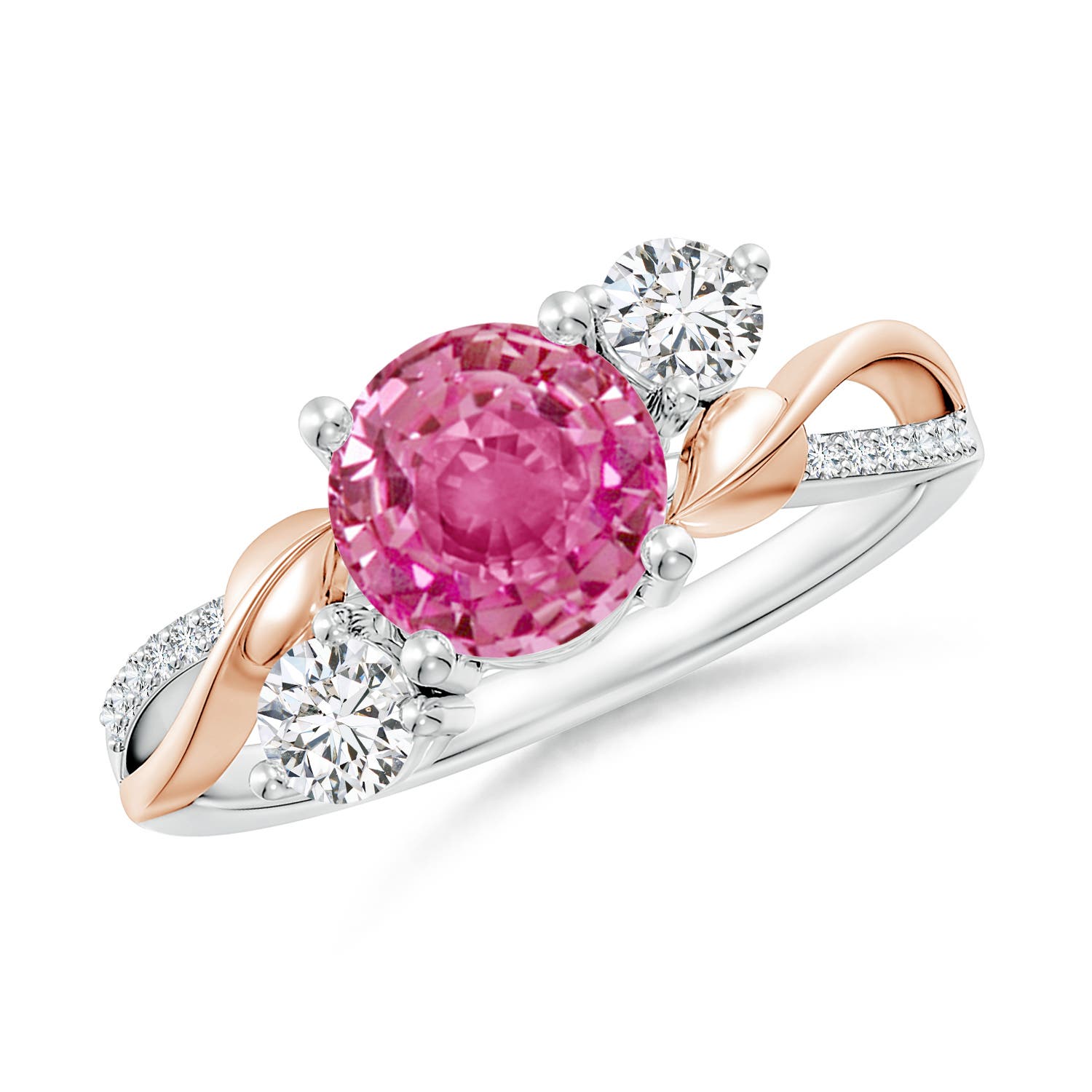 7mm AAA Pink Sapphire and Diamond Twisted Vine Ring in White Gold Rose Gold