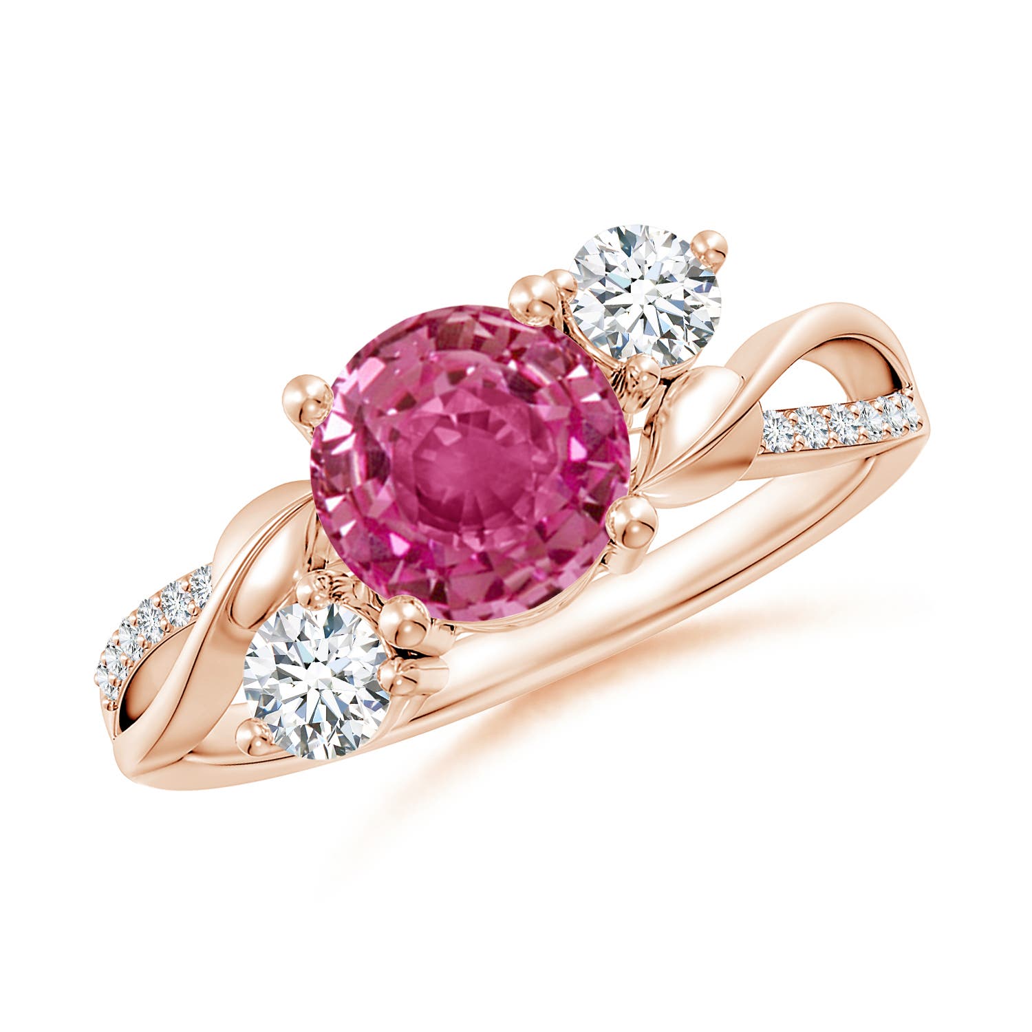 7mm AAAA Pink Sapphire and Diamond Twisted Vine Ring in 18CT Rose Gold