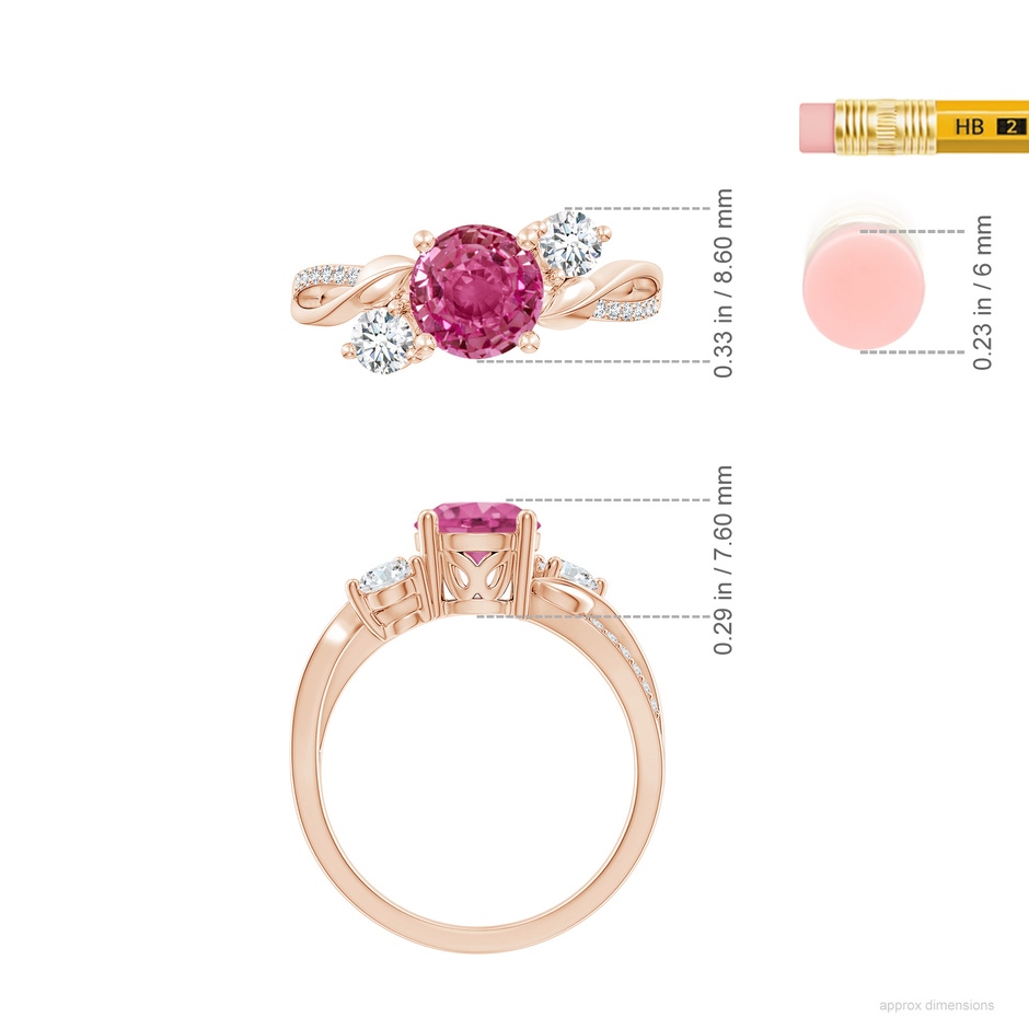 7mm AAAA Pink Sapphire and Diamond Twisted Vine Ring in 18K Rose Gold ruler