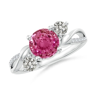 7mm AAAA Pink Sapphire and Diamond Twisted Vine Ring in 9K White Gold