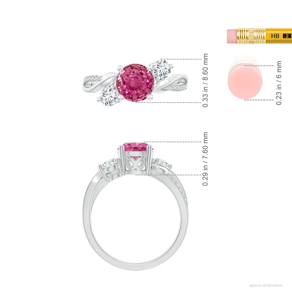 7mm AAAA Pink Sapphire and Diamond Twisted Vine Ring in P950 Platinum ruler