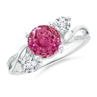 7mm AAAA Pink Sapphire and Diamond Twisted Vine Ring in White Gold